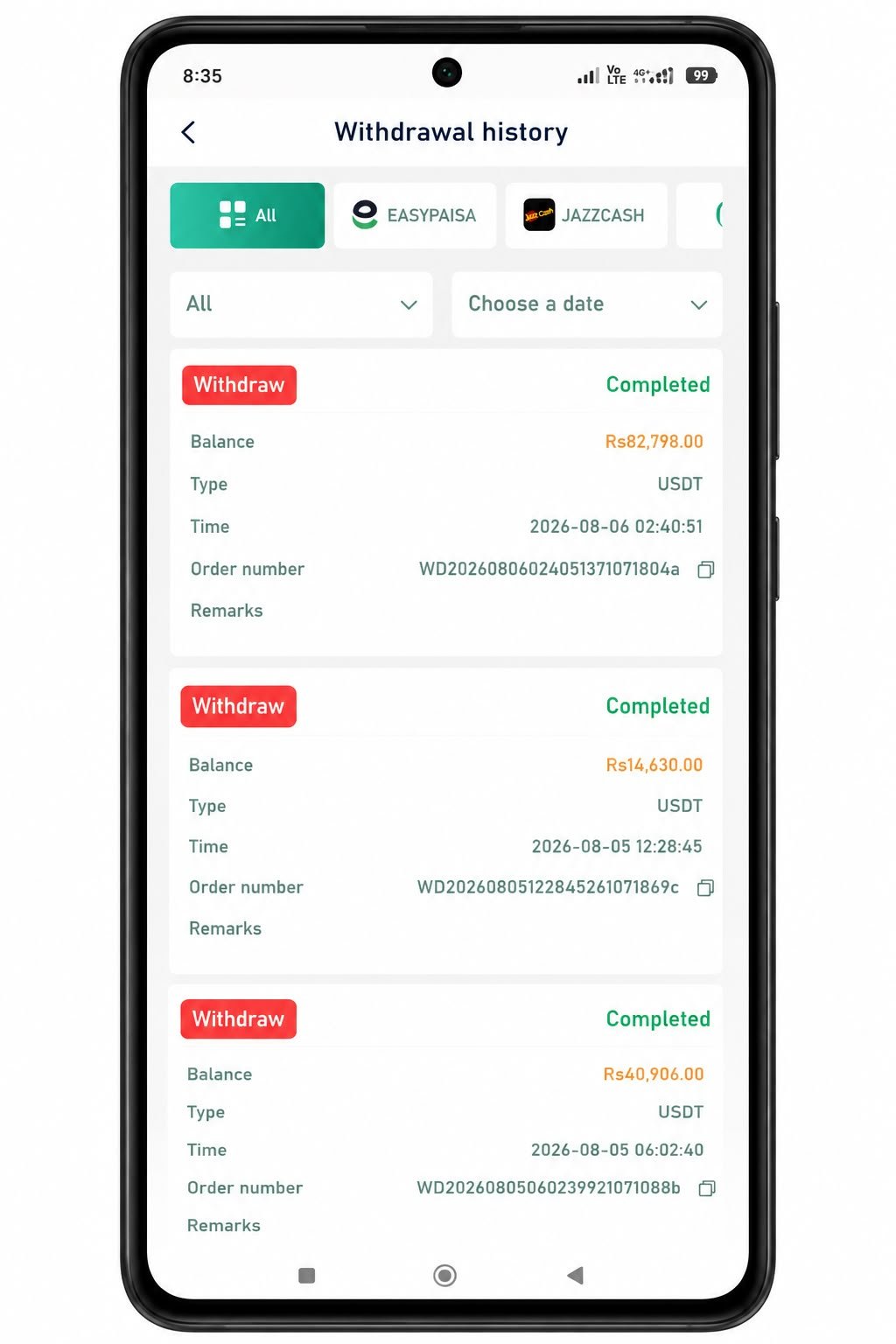 Fantasy Gems App withdrawal history showing completed USDT and Easypaisa transactions