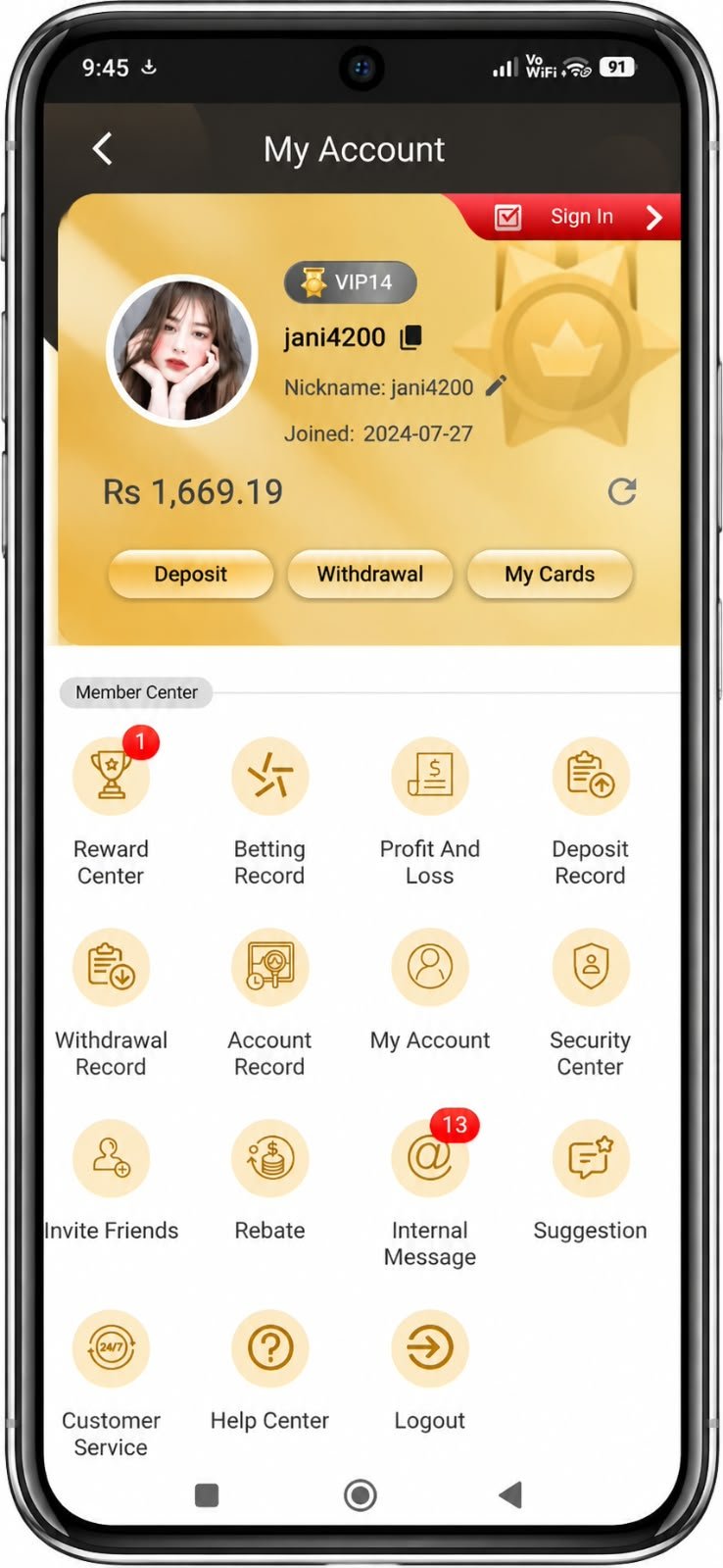 Slotspk Game account panel showing VIP level, balance, deposit, and withdrawal options