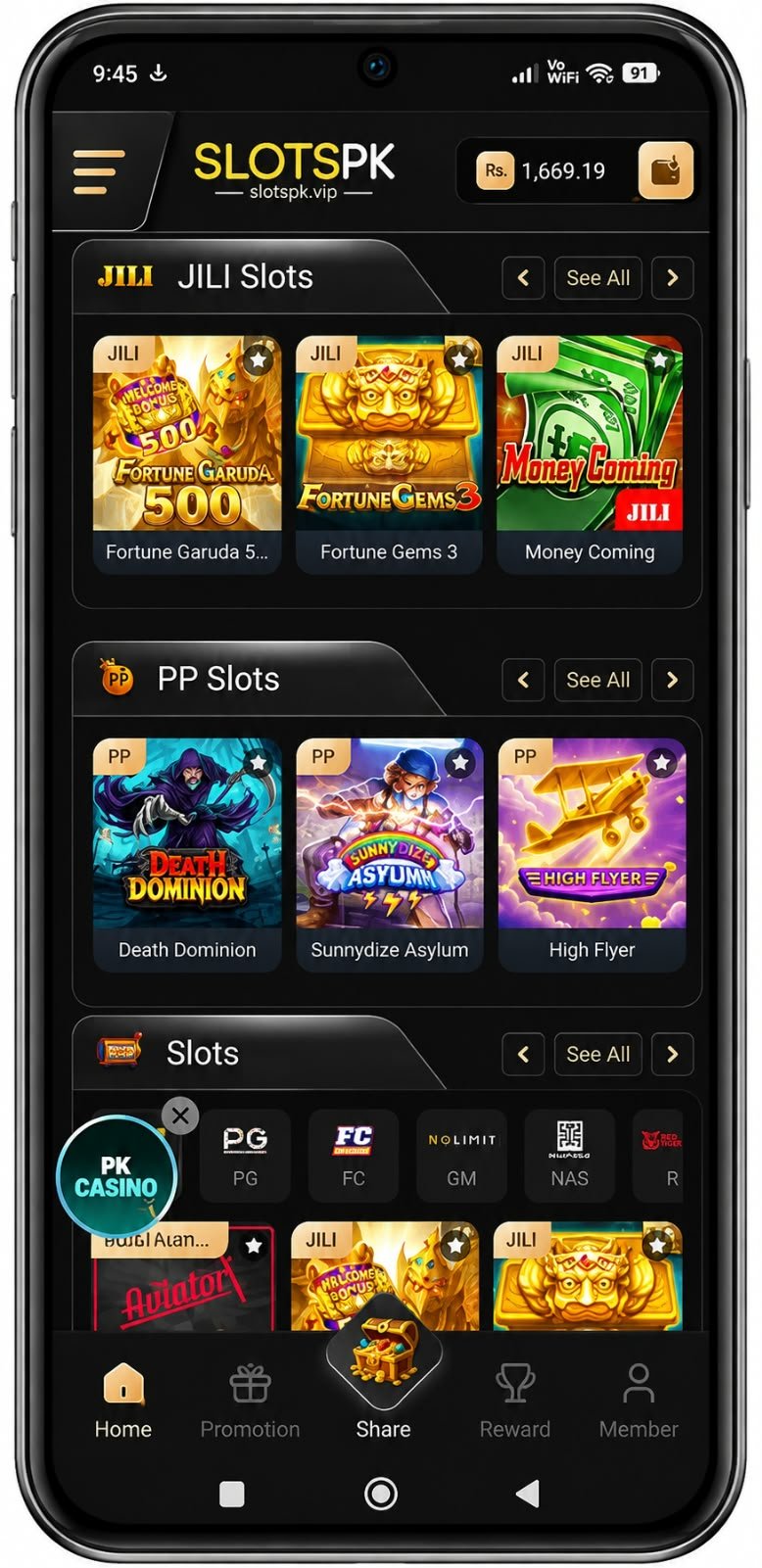 Slotspk Game main dashboard featuring JILI slots, PP slots, and Aviator game