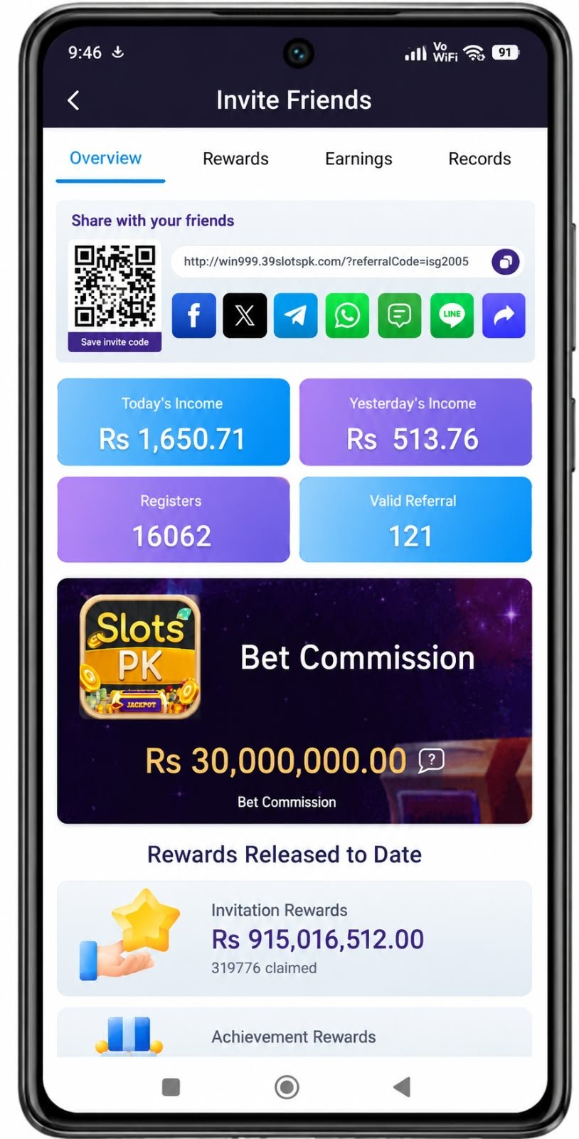 Slotspk Game invite friends dashboard displaying total earnings, valid referrals, and referral link
